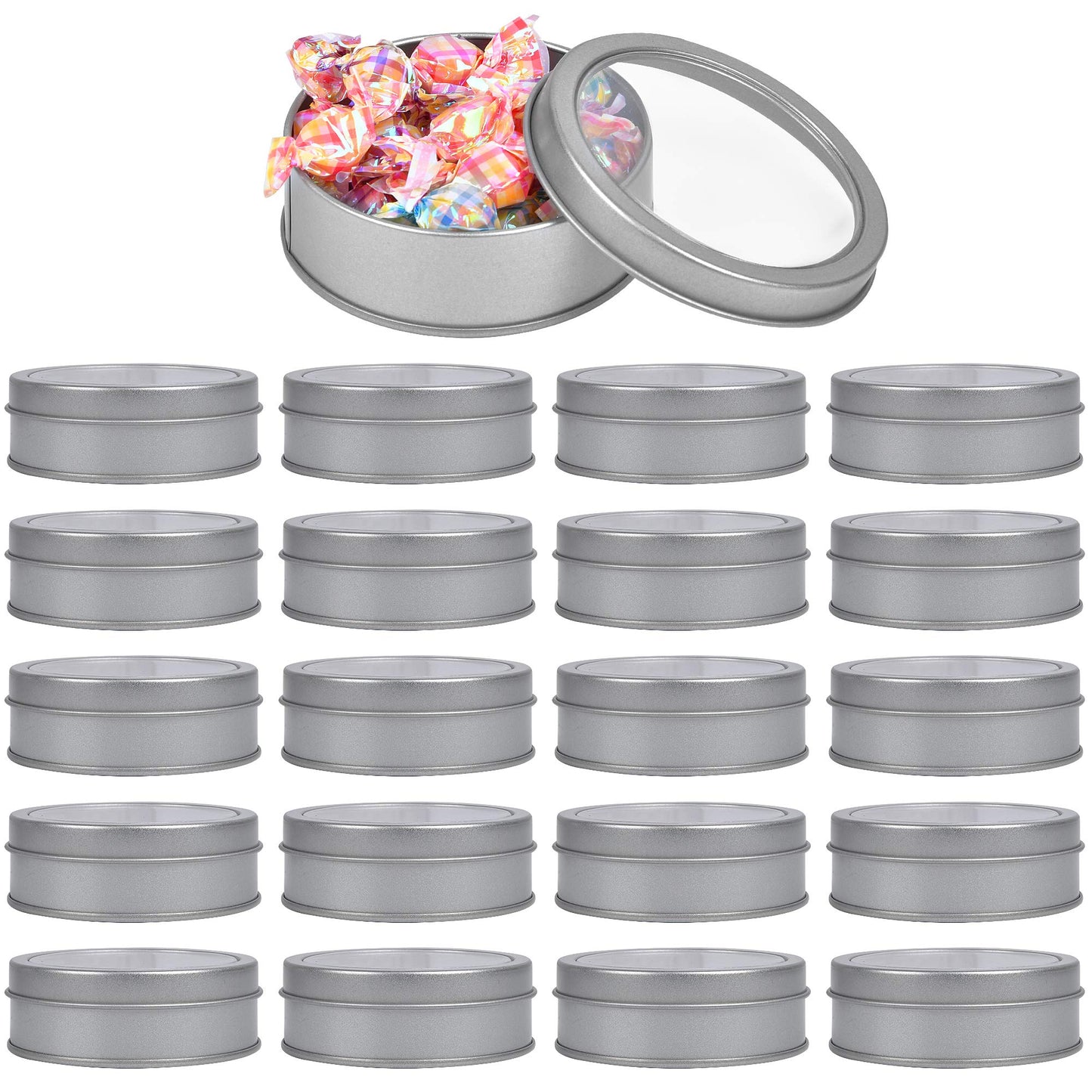 Milkary 20 Pack 3.5 Ounce Metal Tin Cans, Round Empty Container Cans with Clear Top, Storage Cans Gift Case for Kitchen, Office, Candles, Candies, Arts & Crafts