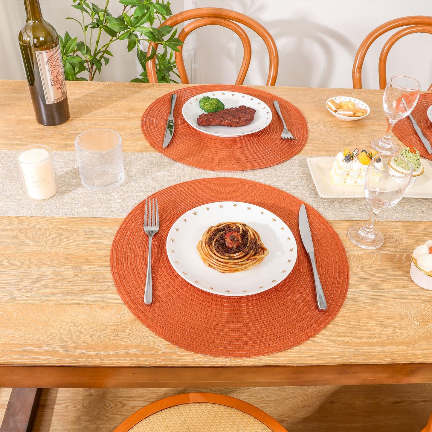 SHACOS Round Placemats Set of 4 for Dining Table Autumn Fall Round Braided Place Mats Washable Non Slip Kitchen Table Mats Decor, Bright Orange