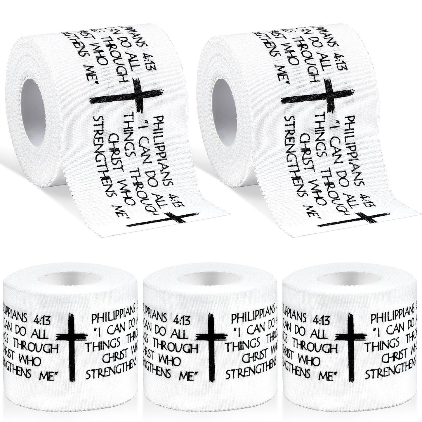 5Pcs Christian Athletic Tape 2in x 23ft Cotton Zinc Oxide Sport Faith Cross Sports Wristbands Religious Bible Verse Wrist Tape for Football Baseball Athlete Gymnastic Boxing First Aid Injury Wrap