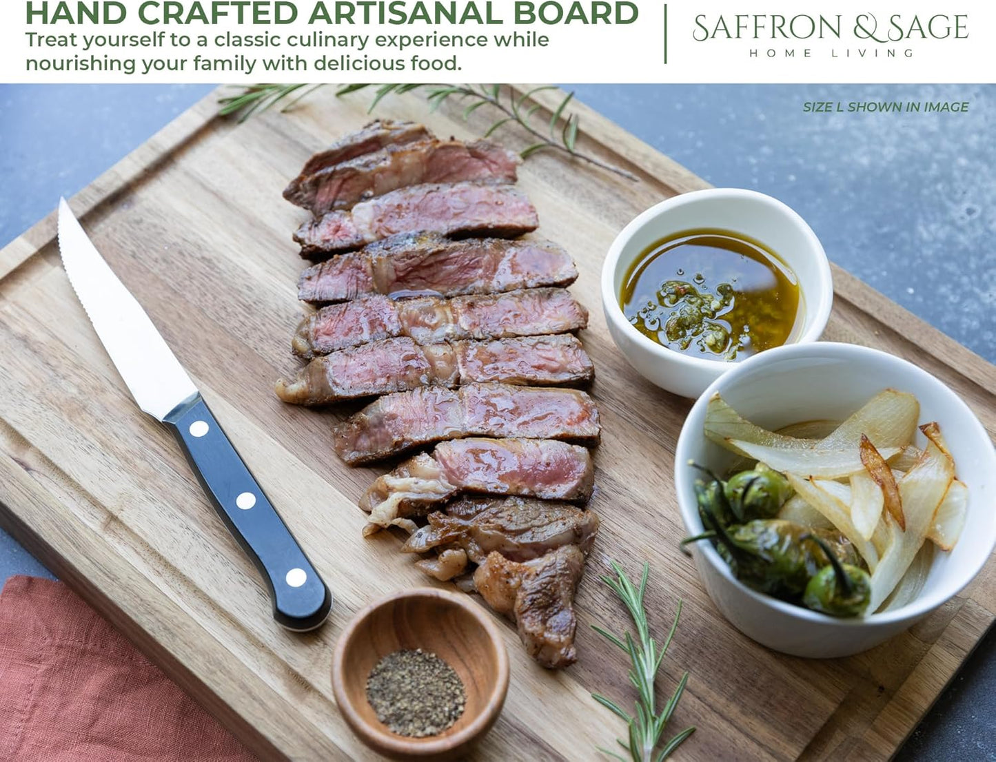 Saffron & Sage Large Wood Cutting Board - Thick 16 x 12 x 1.5 Inch Acacia with Juice Groove | Reversible Chopping & Charcuterie Board