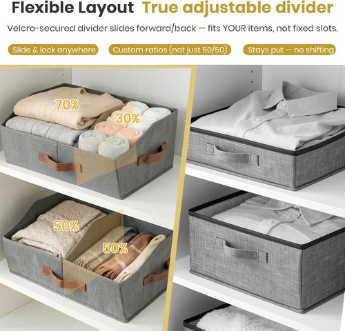 **UPGRADED HEIGHT Trapezoid Storage Bins by Closet Organizers - Collapsible Fabric Bins with Handles & Adjustable Dividers (6pcs, Medium, Ivory)**