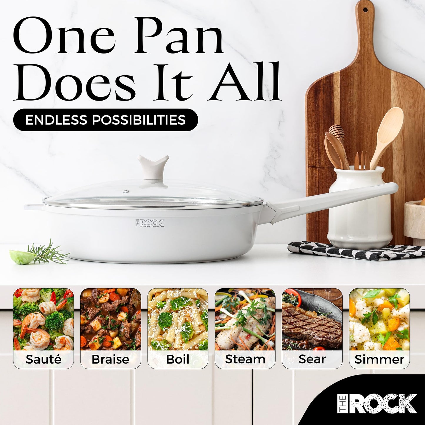 THE ROCK SOHO 4 Qt Nonstick Deep Frying Pan Skillet with Glass Lid, 11 Inch Large Deep Frying Pan, Ceramic Non Toxic Skillet with Heat-Resistant Handle, PFOA & PFAS Free, Oven & Dishwasher Safe, Cream