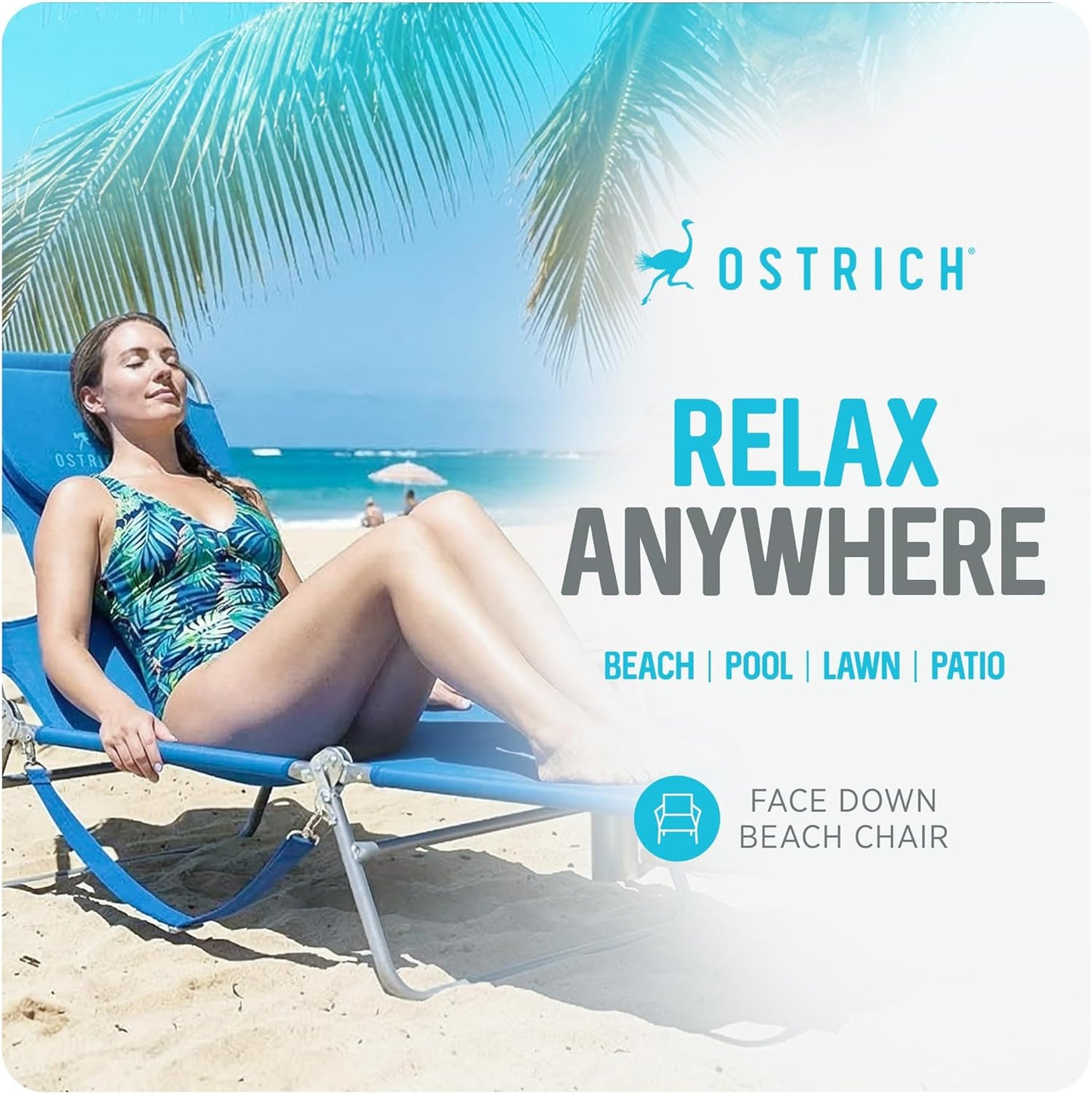 Ostrich Original Chaise Lounge - 72 x 22 Inch Portable Reclining Chair for Beach, Patio & Pool - Ocean Blue