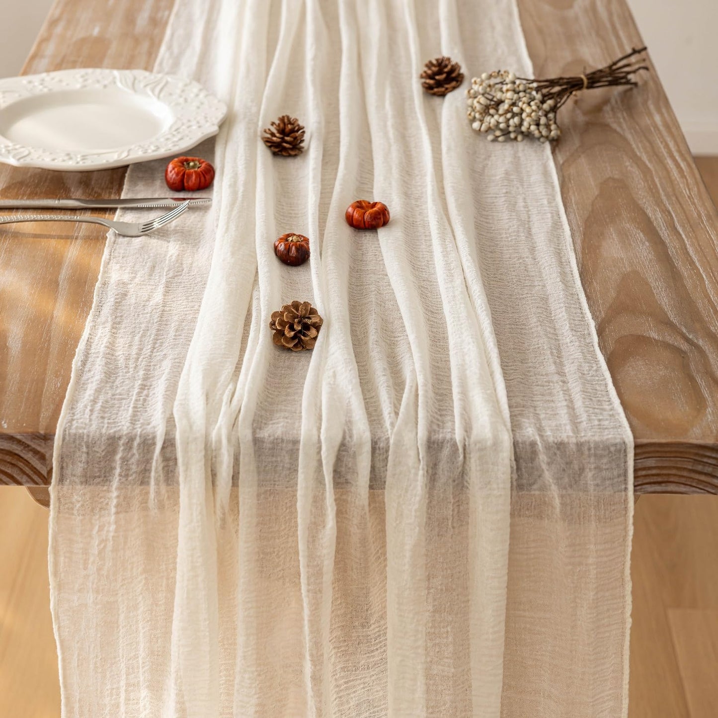 Keketoarrange 10pcs Ivory Gauze Rustic Cheesecloth Table Runner 120 Inch 10 FT for Wedding Baby Shower Bridal Shower Birthday Engagement Garden Outdoor Party Long Sheer Boho Decorations