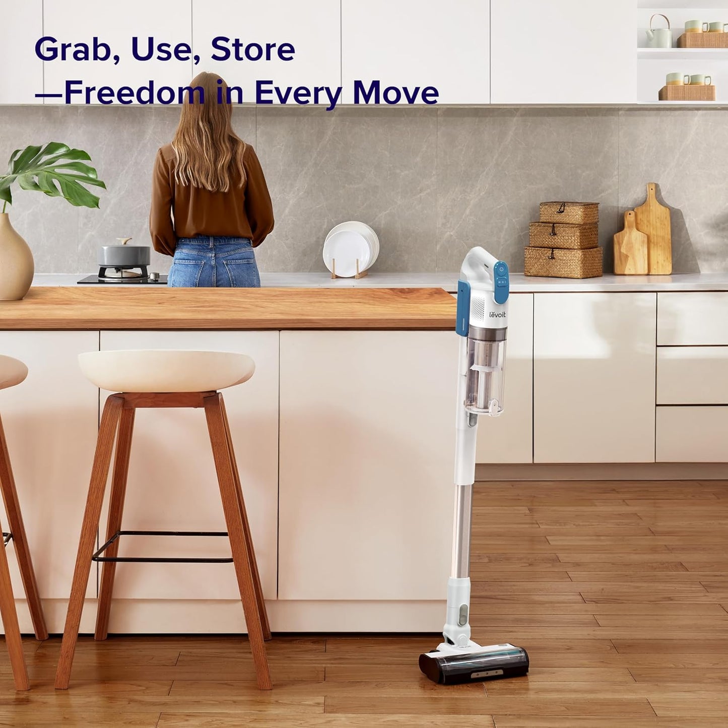 LEVOIT Cordless Stick Vacuum - Strong Suction, Anti-Tangle, LED Headlights, Removable Battery | White & Blue