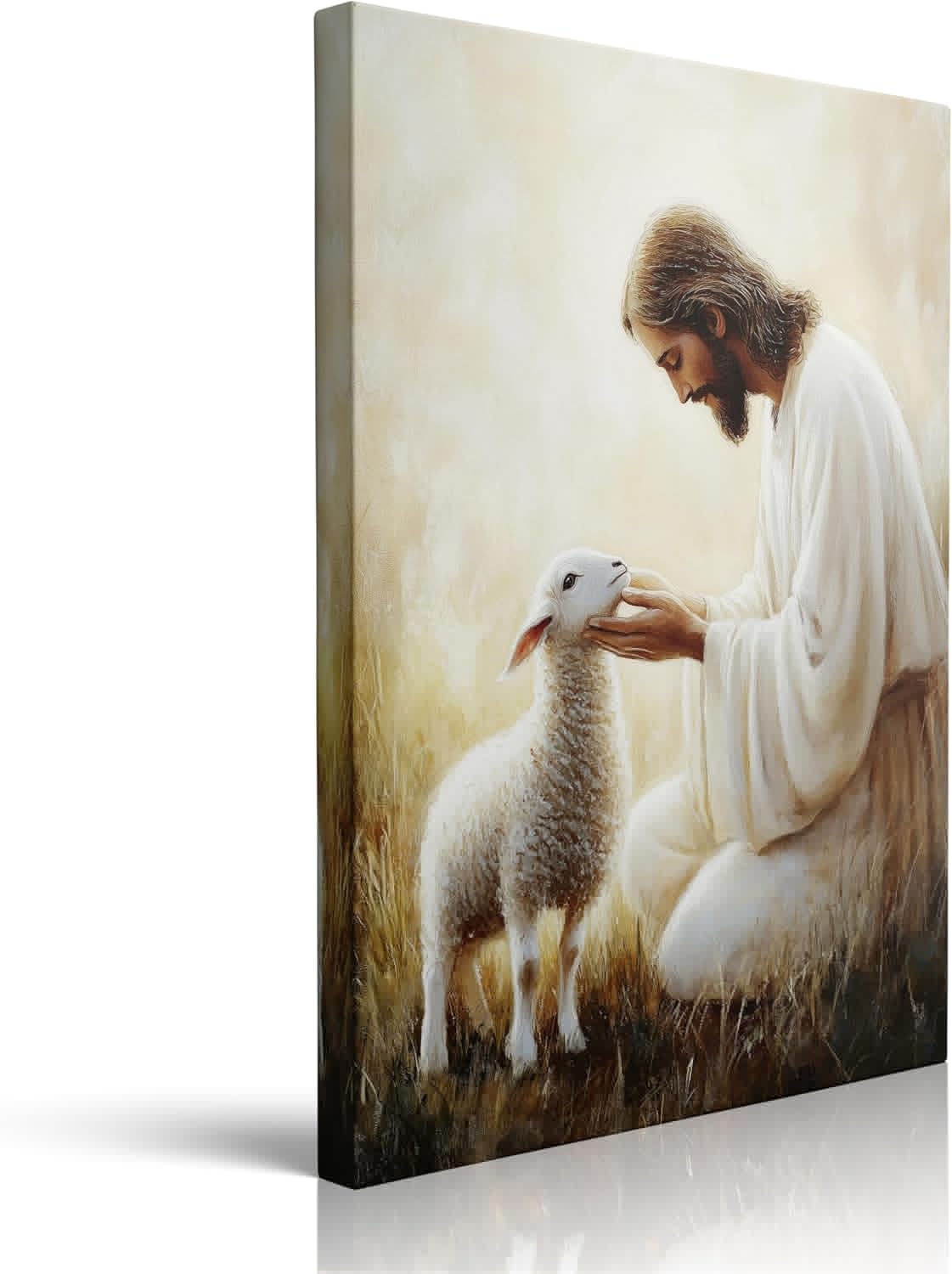 Jesus Holding Lamb Canvas Wall Art - Serene Religious Decor for Home & Church | 12x16 Inches