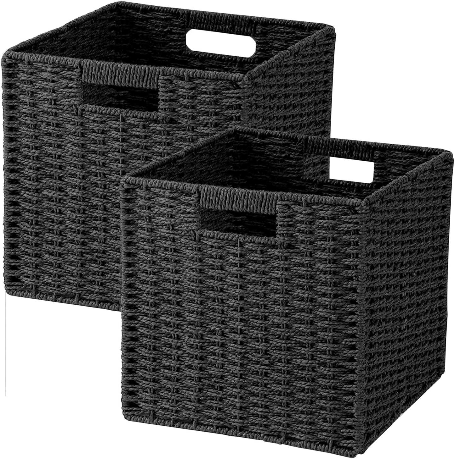 Skiennix Woven Wicker Storage Baskets - 2-Pack Handwoven Paper Rope Organizers | 11x11 Foldable Cube Bins in Classic Black