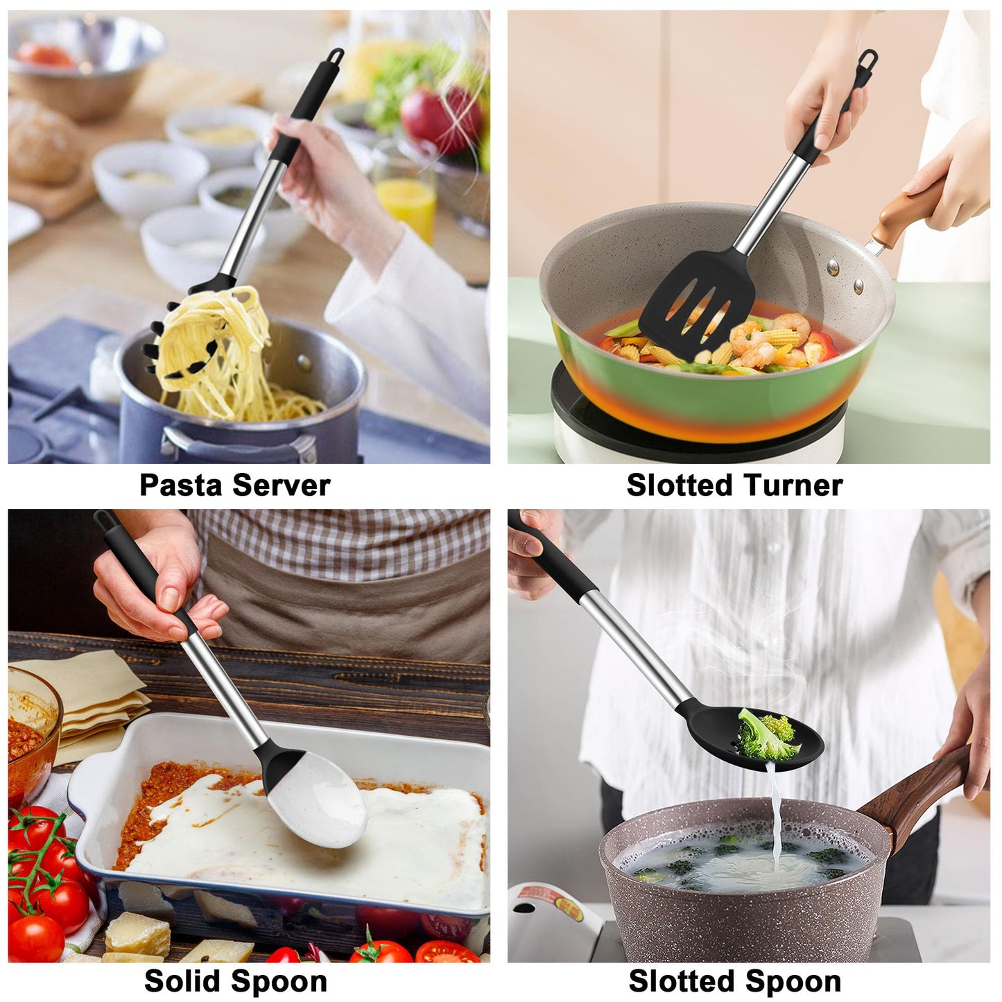 TeamFar Cooking Utensils Set, 5 PCS Silicone Kitchen Utensils with Stainless Steel Handle, for Nonstick Cookware Flipping Frying Turning Draining, Heatproof & Healthy, Nonstick & Easy Clean, Black