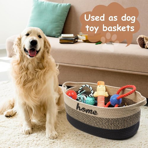 Dog Toy Basket - Woven Storage Organizer with Handle | Large 22”x11”x7.9” Light Beige Cotton