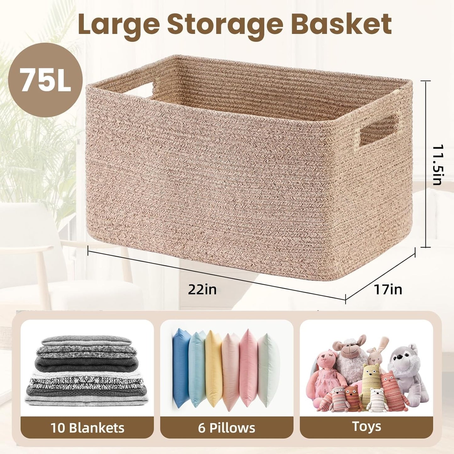 Optish 75L Large Woven Blanket Basket - Reinforced Handles for Laundry & Storage | 22” x 17” x 11.5”, Brown
