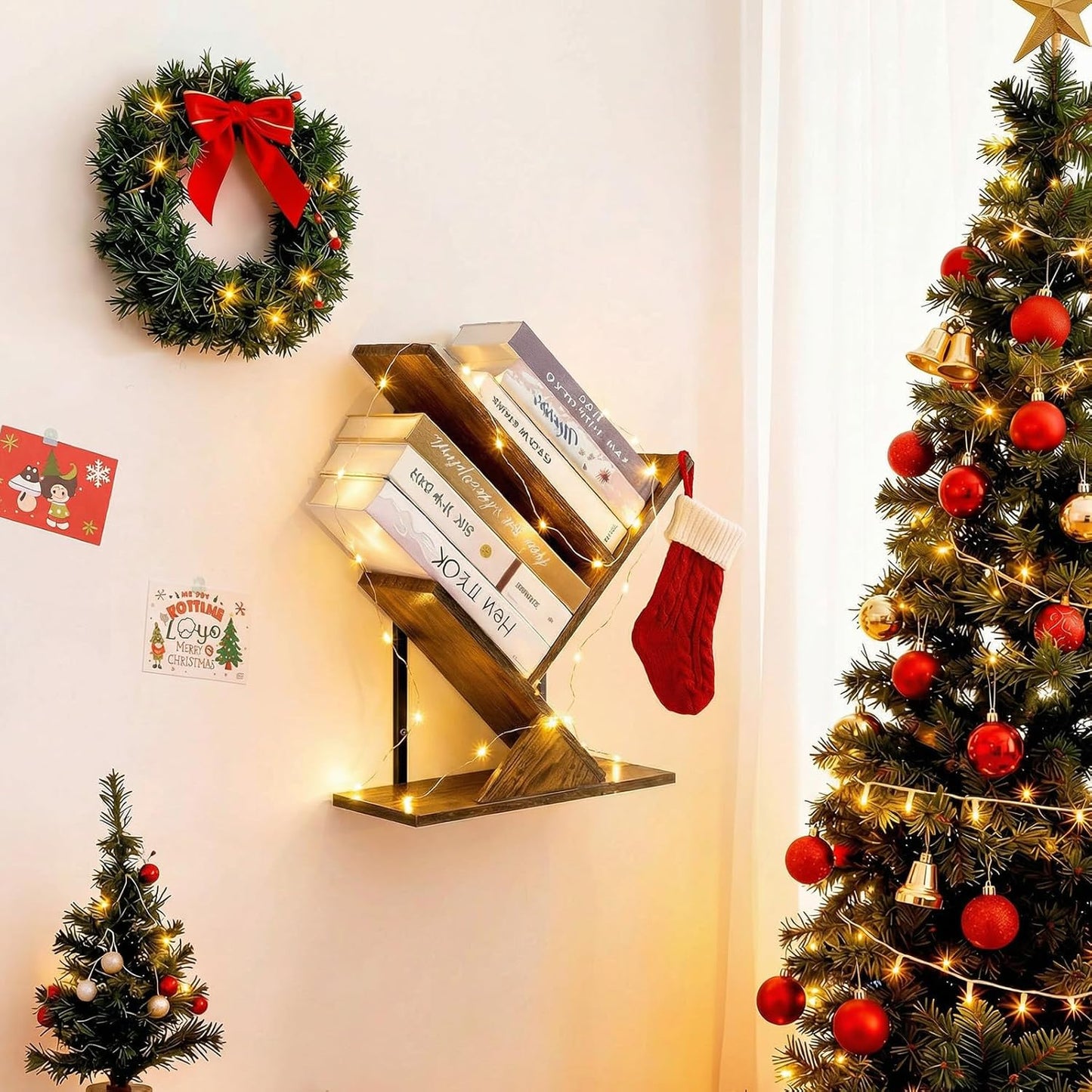 Rustic Brown & Black 3-Tier Tree Book Shelves | Unique Wall-Mounted Floating Bookshelf Organizer