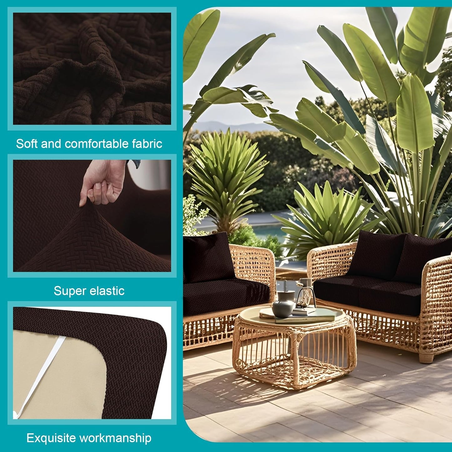 Skiennix 14-Piece Stretch Patio Cushion Covers - Washable Outdoor Sofa Slipcovers in Coffee