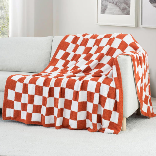 Carriediosa Checkered Throw Blanket 90" X 90" Queen, 400GSM Ultra Soft Microfiber Fuzzy Fluffy Reversible Cute Preppy Knitted Blankets Cozy Plush Fall Throws for Couch, Bed, Sofa, Rust