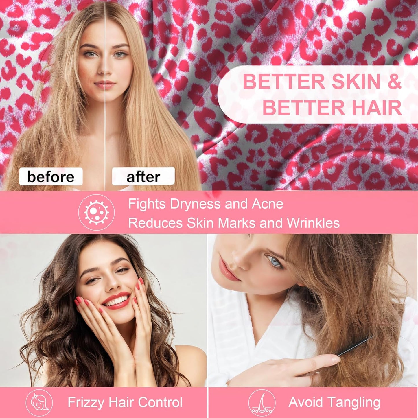 Skiennix Mulberry Silk Pillowcase - Soft & Breathable Standard Size with Hidden Zipper | Leopard Pink
