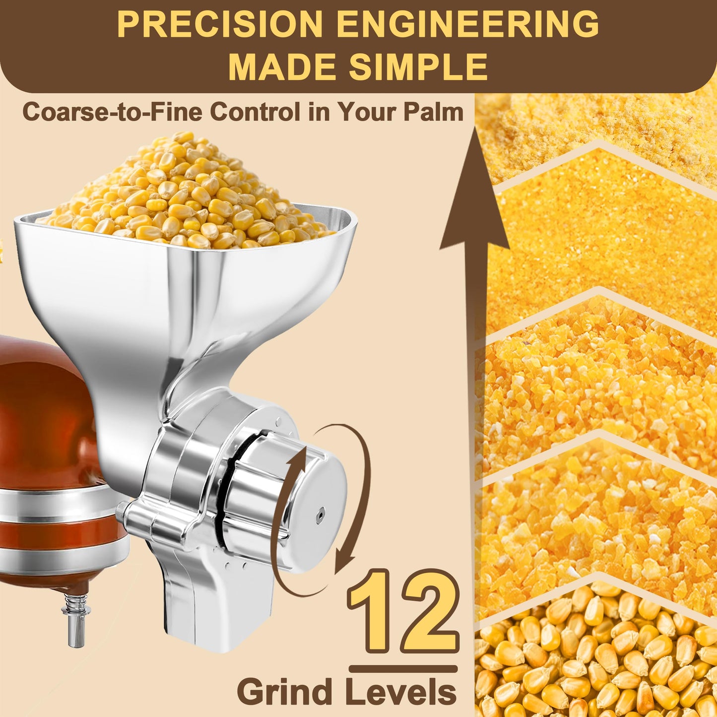 Premium All-Metal Grain Mill Attachment for KitchenAid Stand Mixers, 12-Level Adjustable Flour Mill Grinder for Wheat, Oats, Corn, Rice, Non-Oily Dry Grains - Includes Cleaning Brush