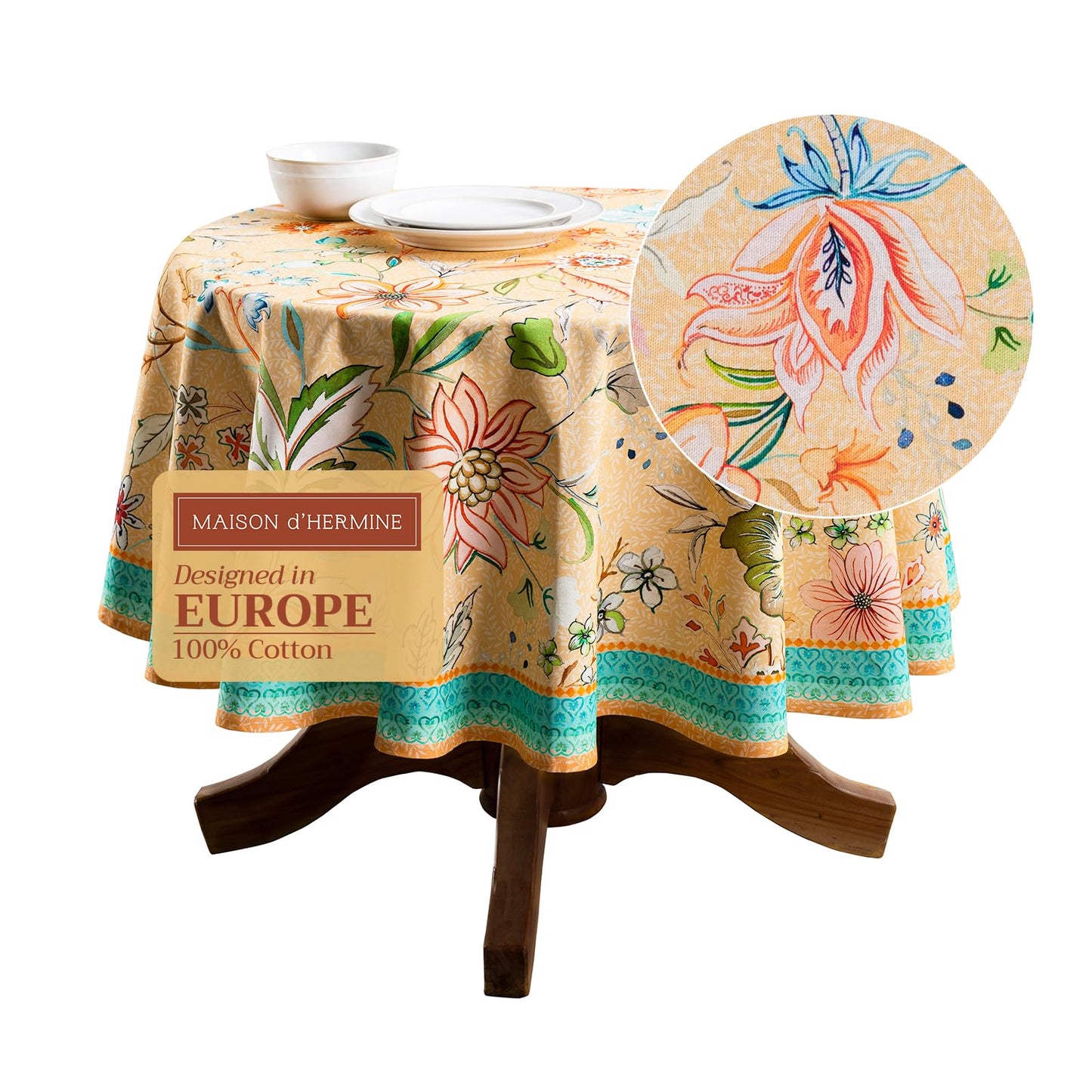 Maison d' Hermine Table Cloth Round Table 100% Cotton 63 Round Inches Tablecloth Reusable Decorative for Dining Kitchen Room Farmhouse Home Gifts for Mothers Day Spring Summer - Luxury Loft - Peach