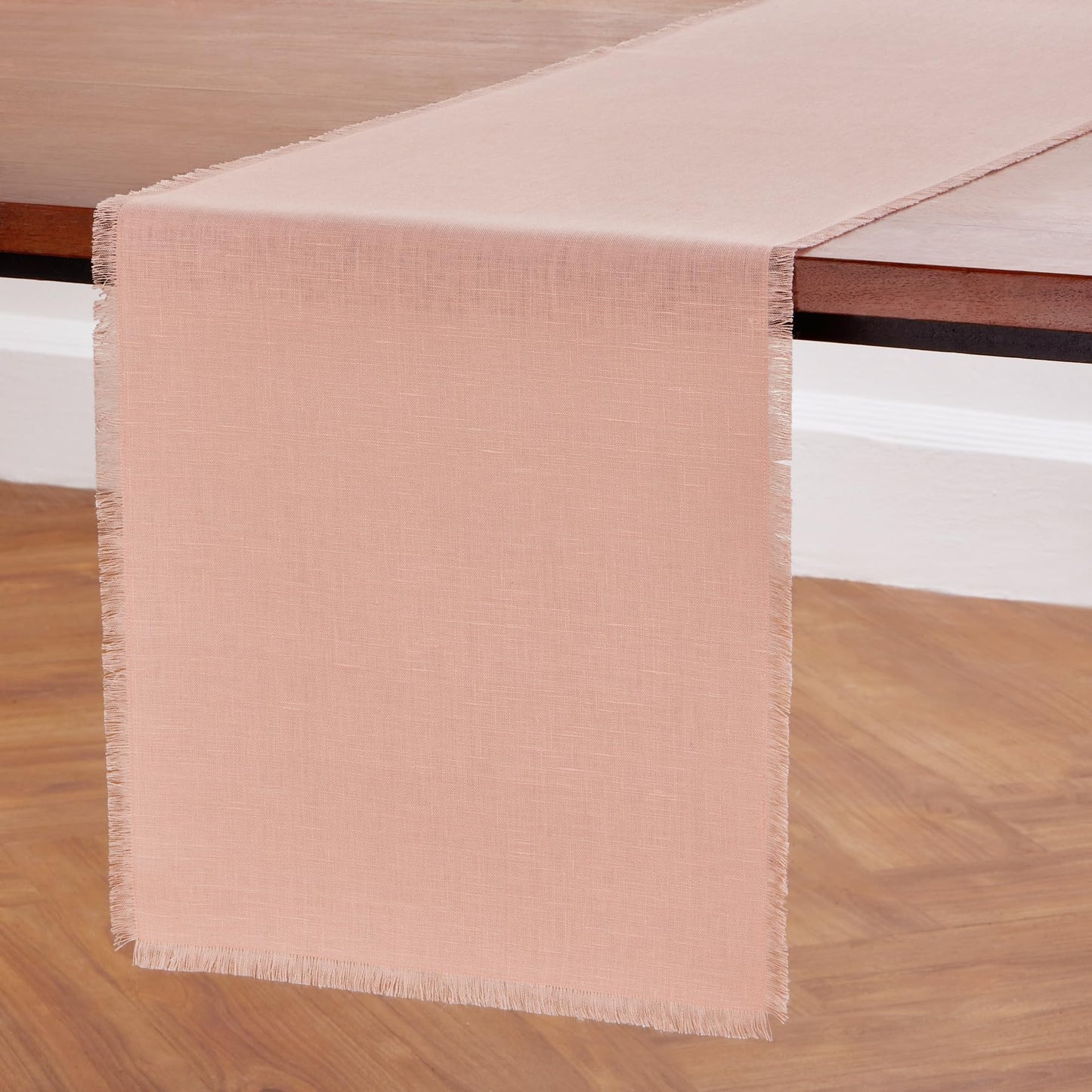 Solino Home Linen Misty Pink Table Runner 72 Inches Long - Fringe, 100% Pure Linen Dining Table Runner 14 x 72 Inch for Summer