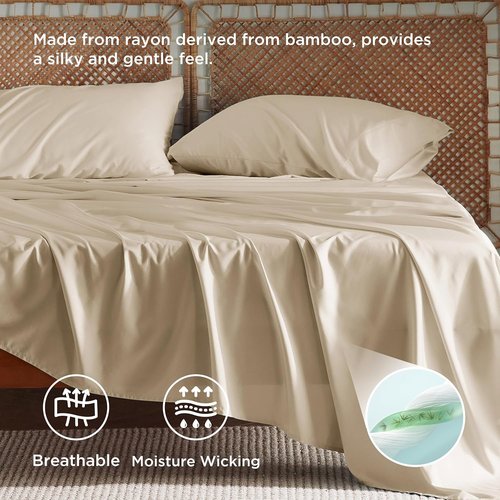 Bedsure King Size Sheet Set - Cooling Bamboo Sheets | Breathable & Soft Luxury Bedding in Beige