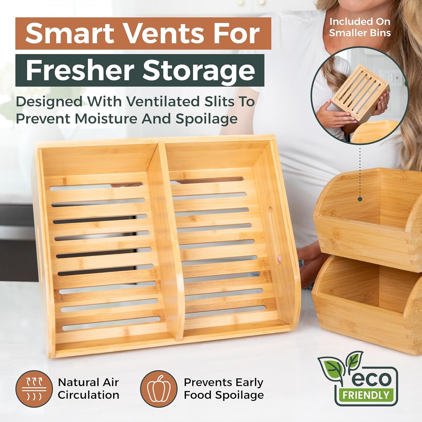Regine Switzerland Potato and Onion Storage Bin - Ventilated Bamboo Organizer Baskets | Stackable 3-Pack for Pantry & Kitchen