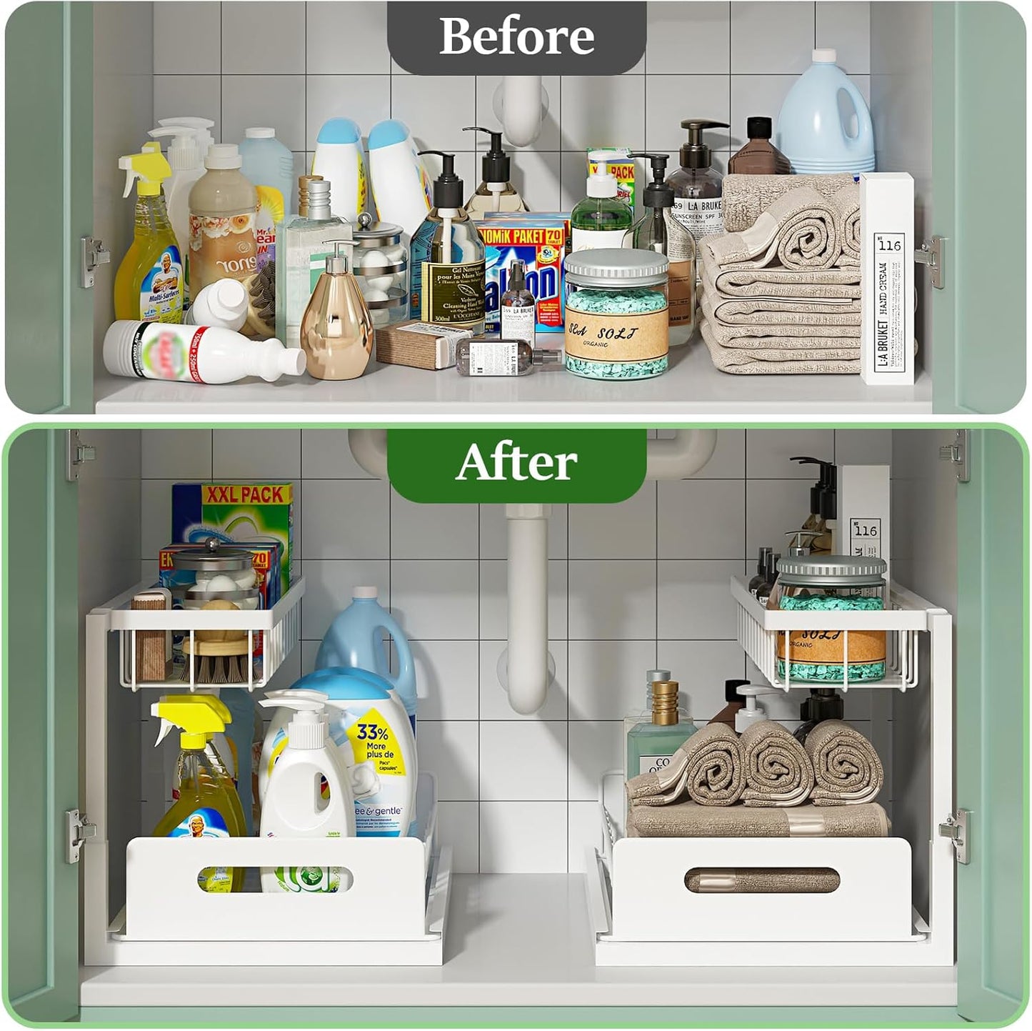 REALINN Under Sink Organizer - 2-Tier Pull-Out Cabinet Storage Shelf for Kitchen & Bathroom - White, 1 Pack