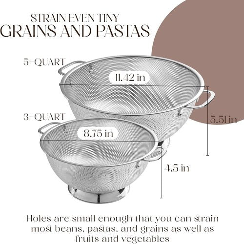 Bellemain Micro-Perforated Stainless Steel Colander - Dishwasher Safe, 3 QT & 5 QT Options