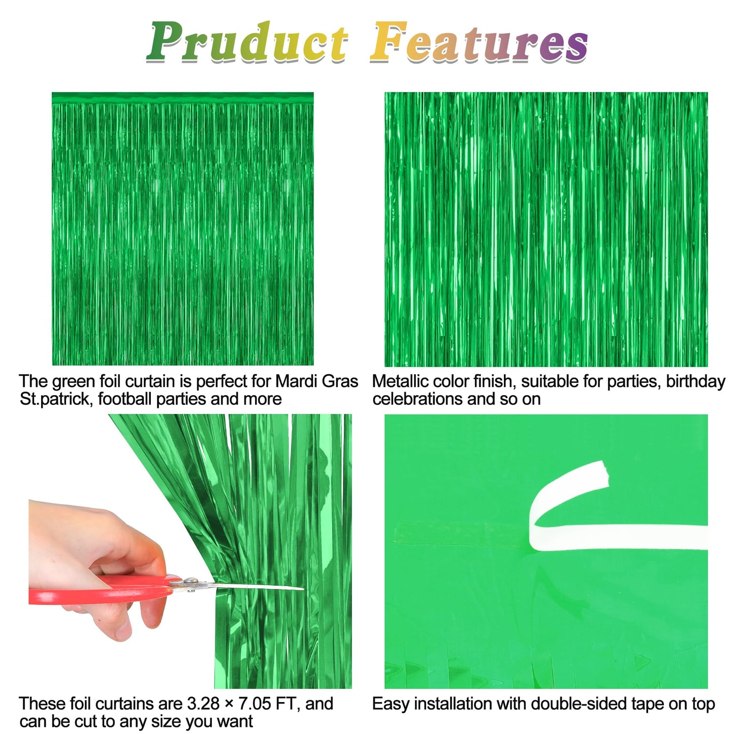 4 Pack Green Streamers, 3.28 FT x 7.05 FT Birthday Tinsel Backdrop, Metallic Foil Fringe Curtains Photo Booth Backdrop, Green Jungle Theme Decorations Birthday Decor