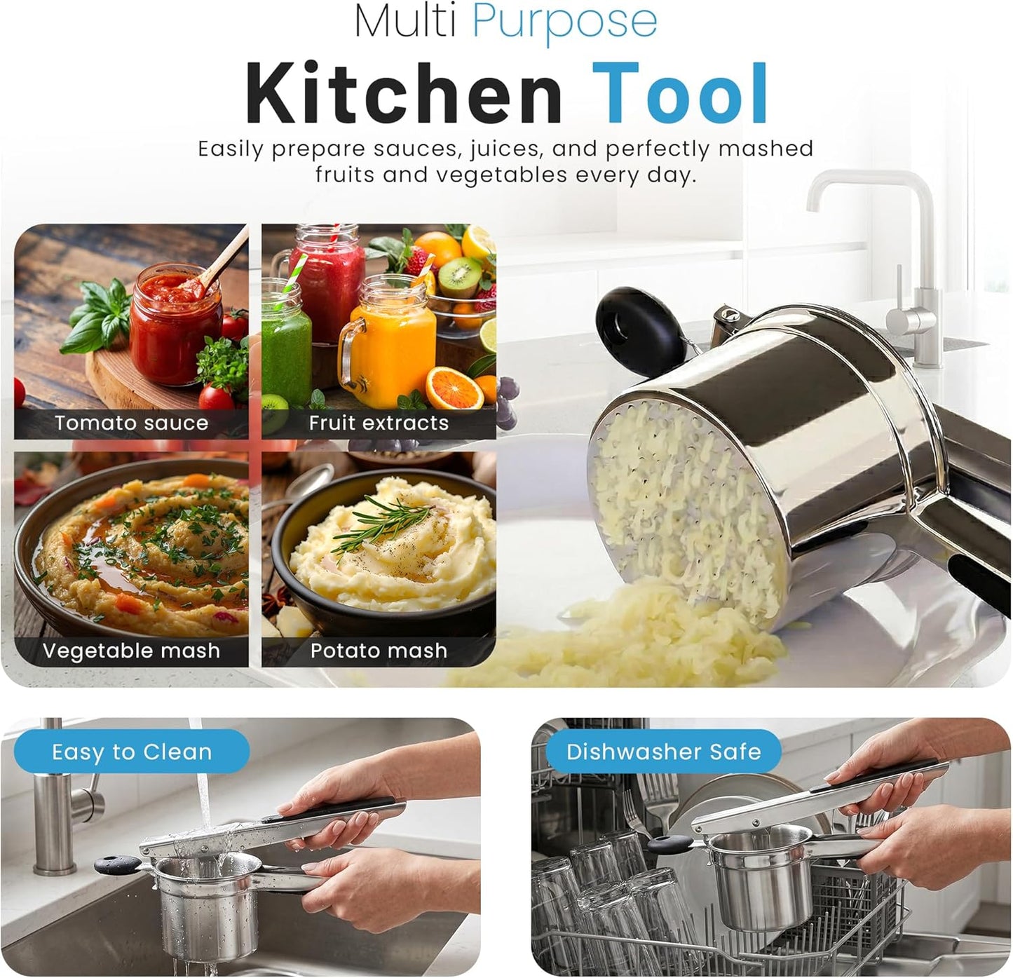 Potato Ricer - Heavy Duty Stainless Steel with 3 Interchangeable Discs & Non-Slip Handles | Perfect for Fluffy Mashed Potatoes, Black