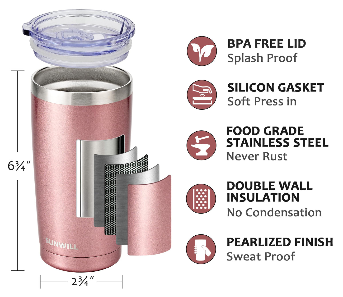 SUNWILL Travel Coffee Mug Set of 2, 20 oz Tumbler with Lid, Insulated Stainless Steel Cup for Water, Tea, Ice, Rose Gold & Cool Grey