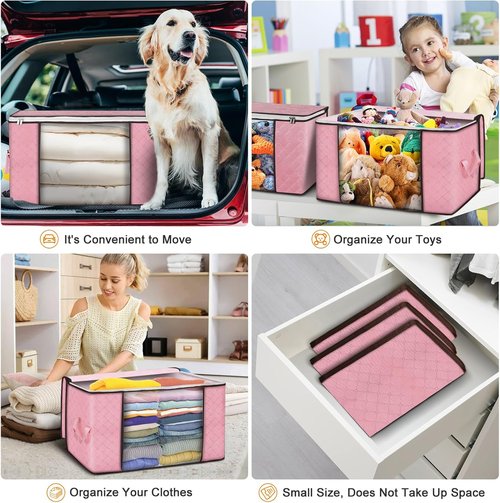 Budding Joy 90L Large Storage Bags - 6 Pack Foldable Closet Organizers for Blankets & Pillows | Pink