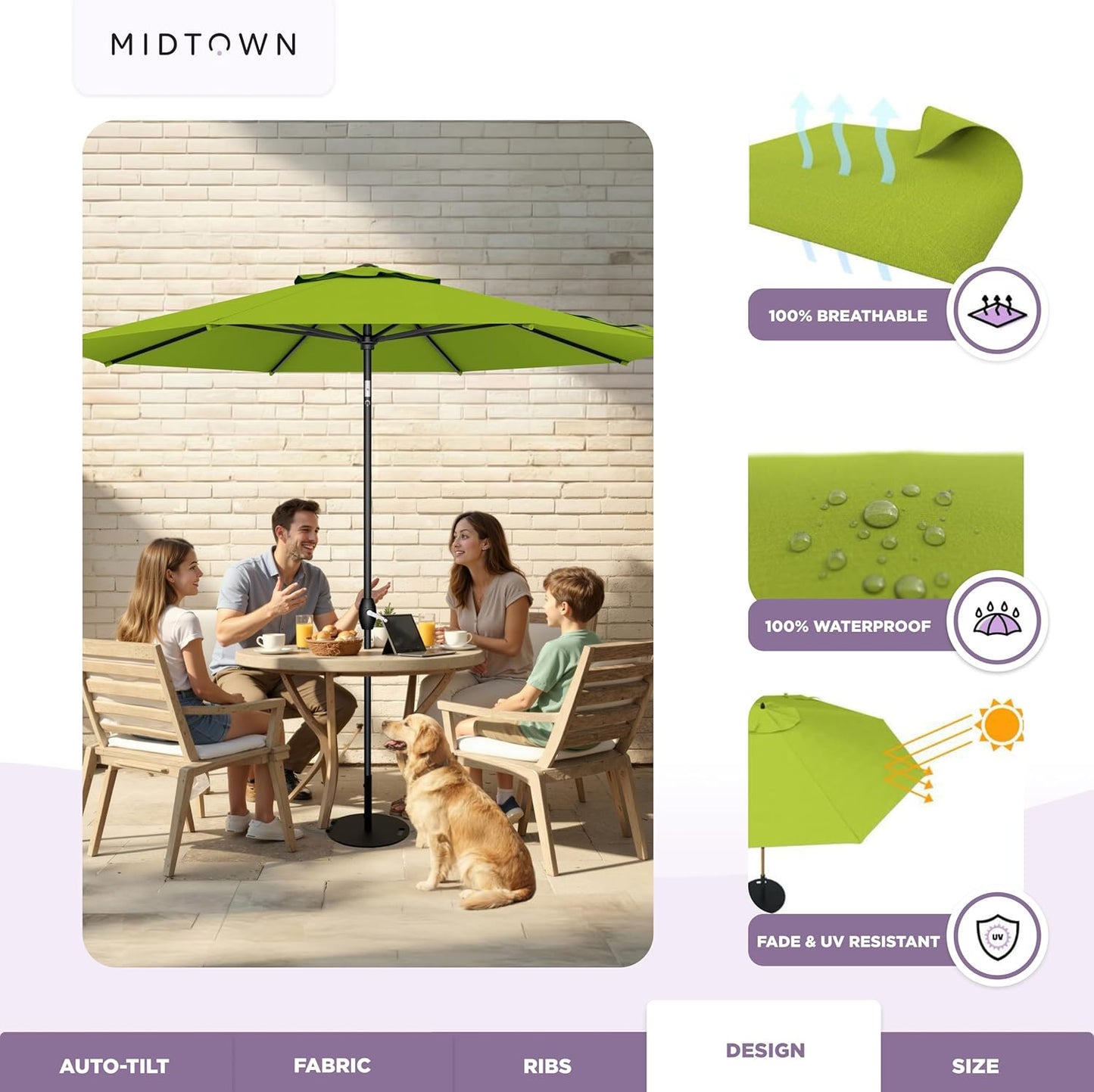 Midtown Umbrellas 9 Ft Patio Umbrella - 10-Year No-Fade Terylast Fabric, Auto-Tilt Frame | Pear Green Canopy, Black Pole