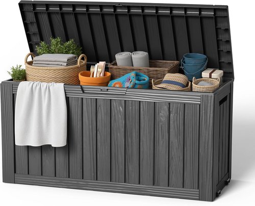 EasyUp Outdoor Storage Box - 85 Gallon Waterproof Resin Deck Box | UV-Resistant, Reinforced Stability, Striped Black