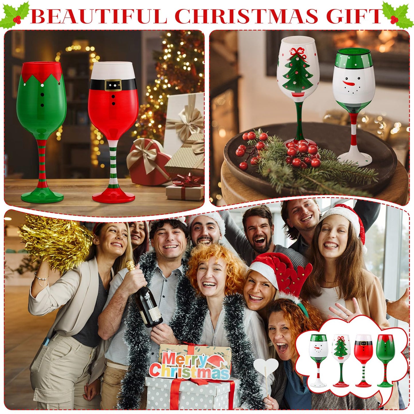 CPEGHDVM 4 Pcs Christmas Wine Glasses 16.8 Oz Set Santa Belt Snowman Drinking Goblets Cups Xmas Hand Painted Wine Cup Glass for Home Bar Diner Birthday Wedding Christmas Party Favors