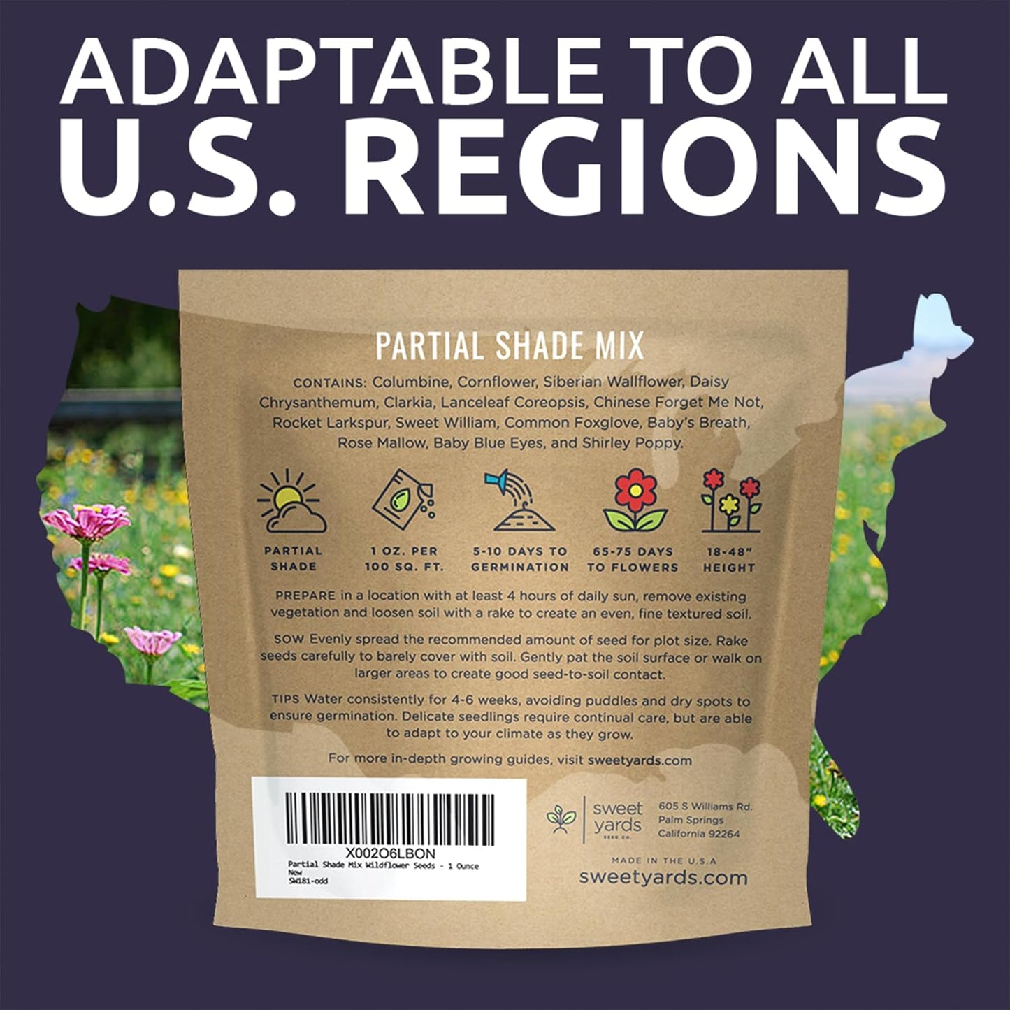 Wildflower Seeds - Partial Shade Mix with 7,000+ Open Pollinated Annual & Perennial Seeds - 1 Ounce