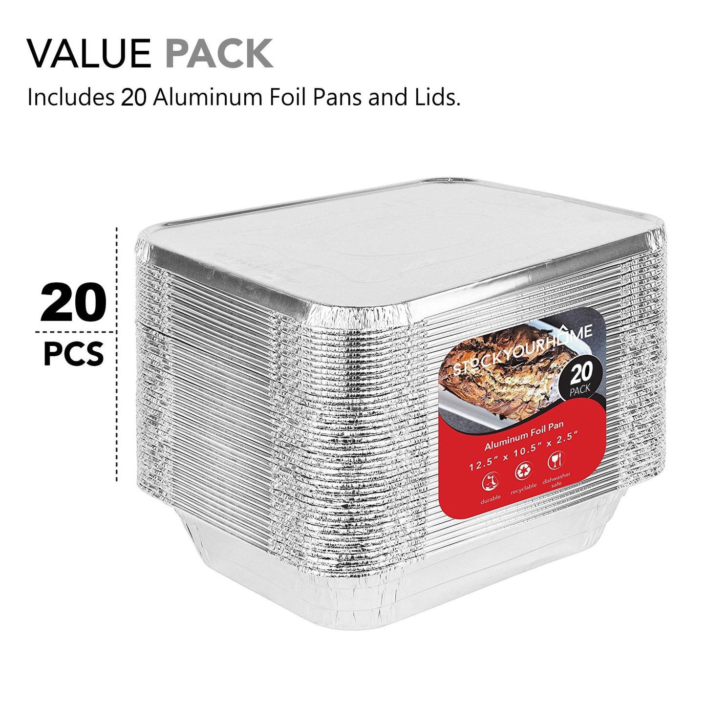 Stock Your Home Foil Pans with Lids - 9x13 Aluminum Pans with Covers - 20 Foil Pans and 20 Foil Lids - Disposable Food Containers Great for Baking, Cooking, Heating, Storing, Prepping Food Silver