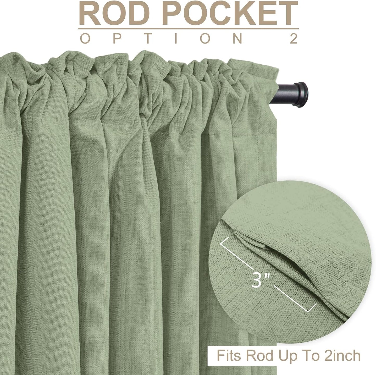 Skiennix 100% Blackout Linen Curtains - Thermal Insulated Drapes for Bedroom | 96" Long, Sage