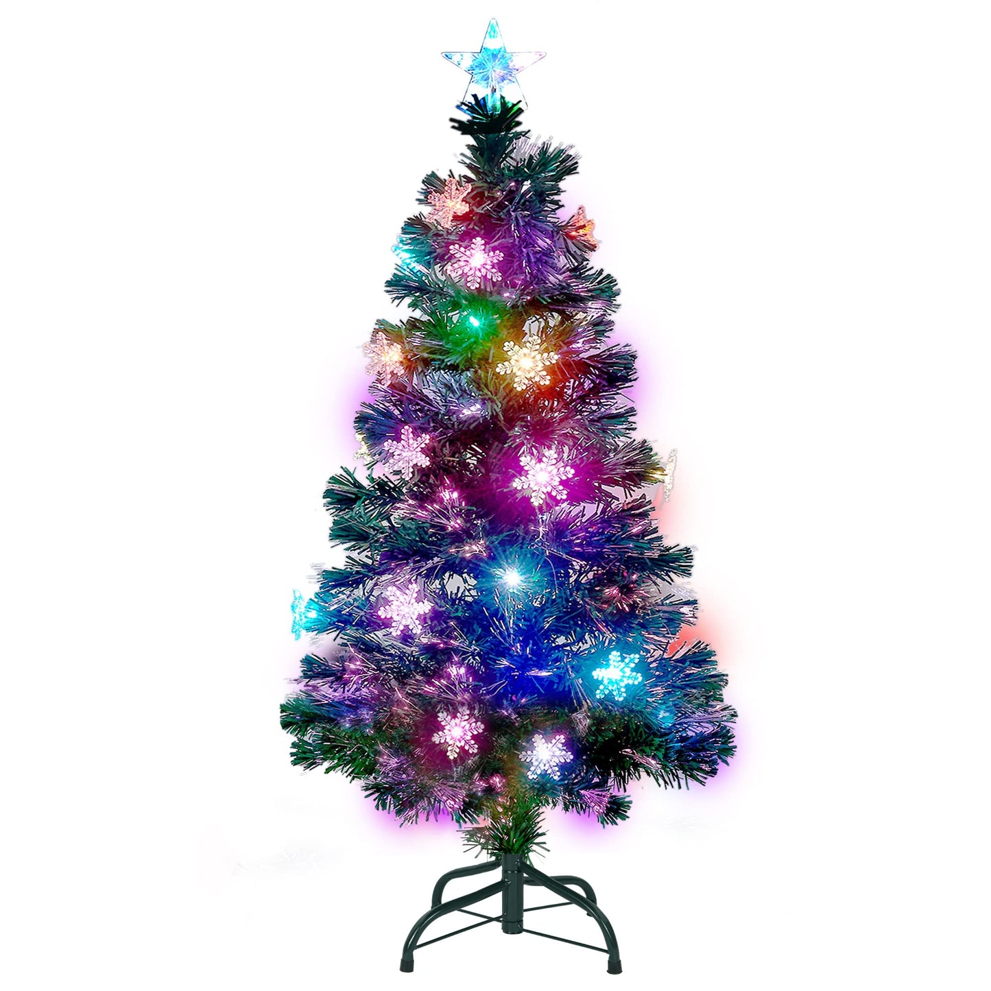 Juegoal 4 ft Pre-Lit Artificial Christmas Tree, Lighted Optical Fiber Xmas Trees with RGB Color Changing LED Lights, Snowflakes & Top Star, Festive Party Holiday Fake Multicolored Tree with Metal Legs