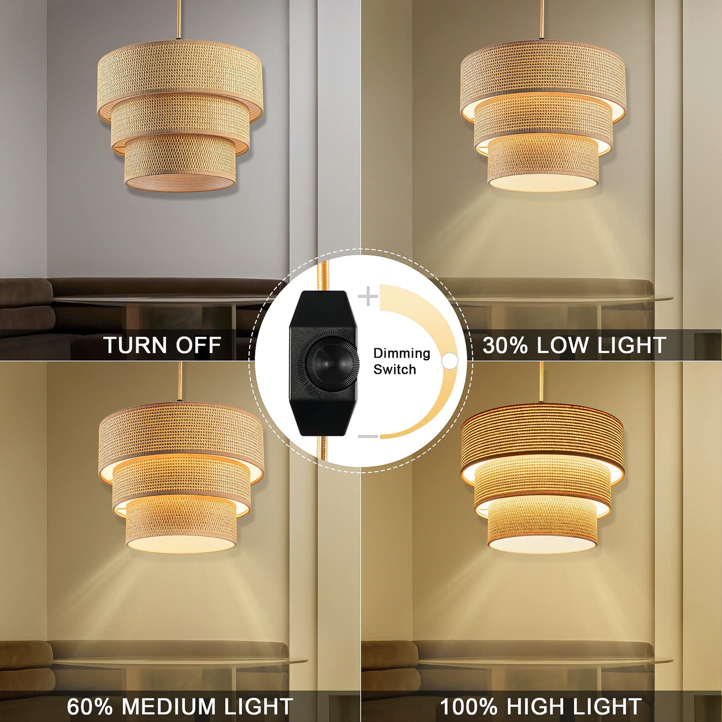 Mateyrie Plug in Pendant Light, Hanging Lamp with Dimmable Switch, Rattan Pendant Light Fixtures with 15 Ft Cord, Boho Lamp with Yellow Lamp Shade for Bedroom, Kitchen, Living Room