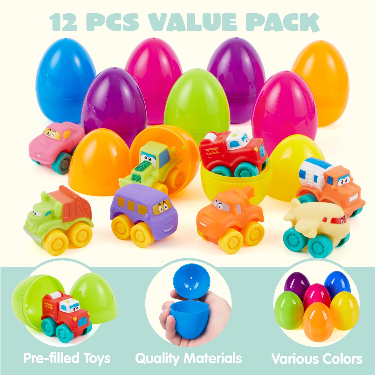 JOYIN 12 Pcs Easter Eggs with Toys, Plastic Eggs with Rubber Cars, Basket Stuffers, Party Favors for Toddlers and Kids, Easter Game, Classroom Prize Supplies
