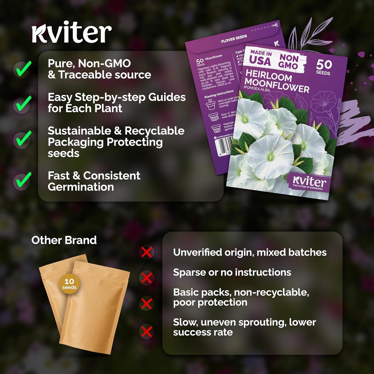 KVITER Moonflower Seeds - 50 Heirloom Ipomoea Alba Seeds for Indoor & Outdoor Gardens
