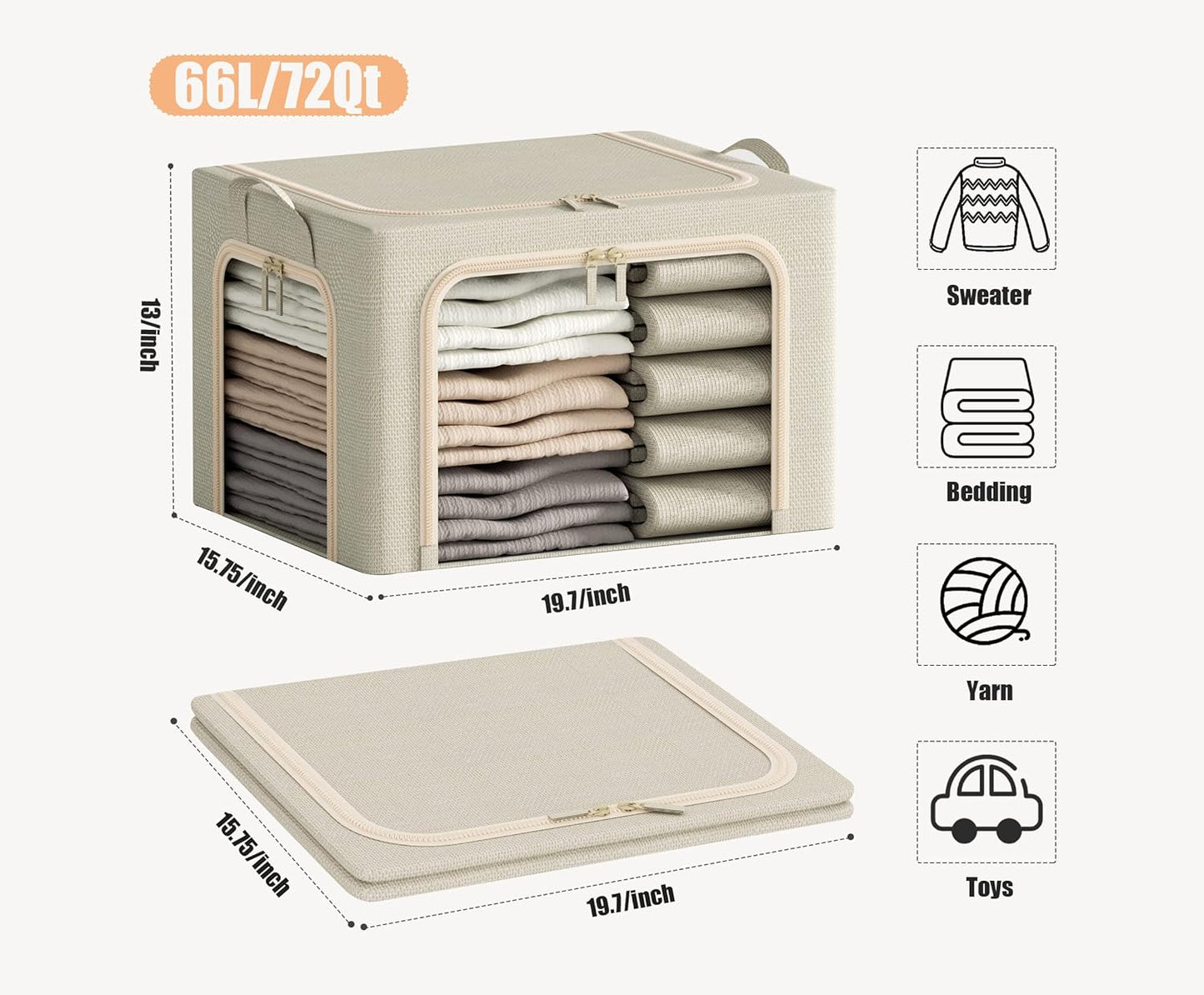 Regine Switzerland Large Clothes Storage Bins - Foldable with Metal Frame, Clear Window & Zippers | 3-Pack, Beige, 66L