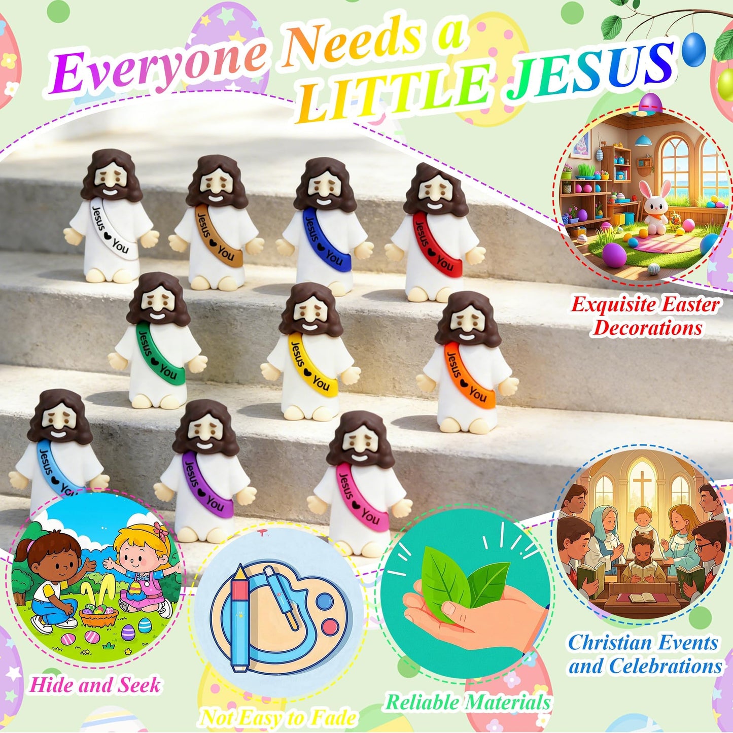 60 Pcs Little Jesus Figures Easter Mini Rubber Toys to Hide and Seek, Pocket Jesus Loves You Miniatures Religious Party Favors Baptism Gifts Sunday School Easter Egg Stuffers (10 Color_60)
