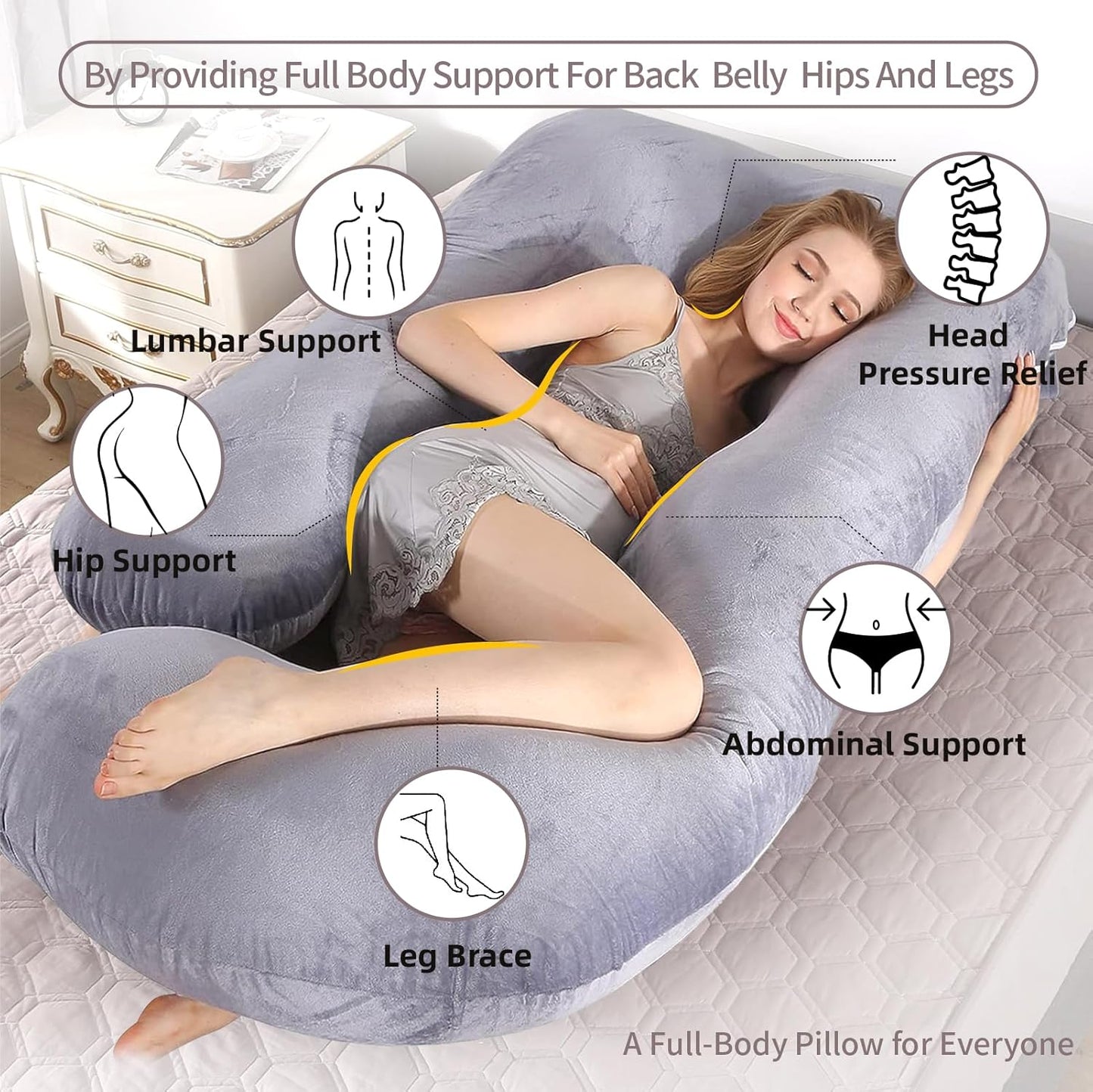 Skiennix 60 Inch U-Shaped Pregnancy Pillow - Cooling Full Body Maternity Support with Washable Velvet Cover | Grey