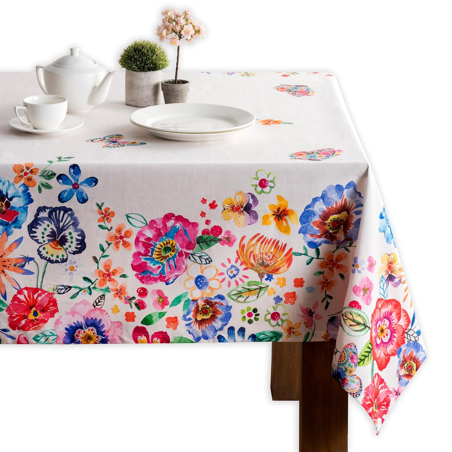Maison d' Hermine Table Cloth Rectangle Table 100% Cotton 60 x 108 Inches Tablecloth Reusable Decorative for Dining Kitchen Farmhouse Gifts for Mothers Day Spring Summer- Happy Florals - High Summer