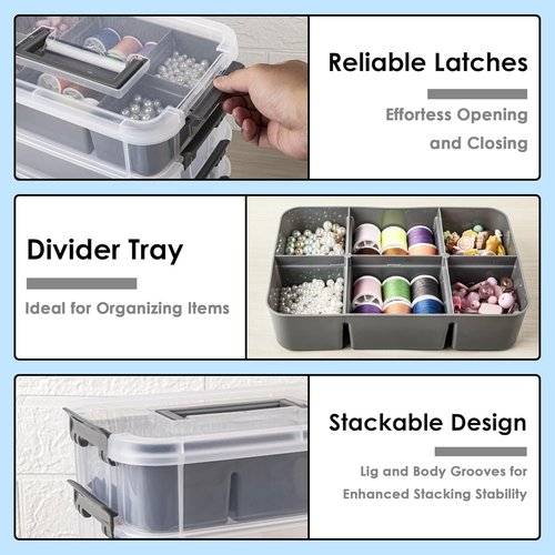CraftGenes Grey & White Modern Plastic Storage Box - 4-Layer Durable Organizer with 2 Removable Trays for Crafts, Sewing & Office Supplies