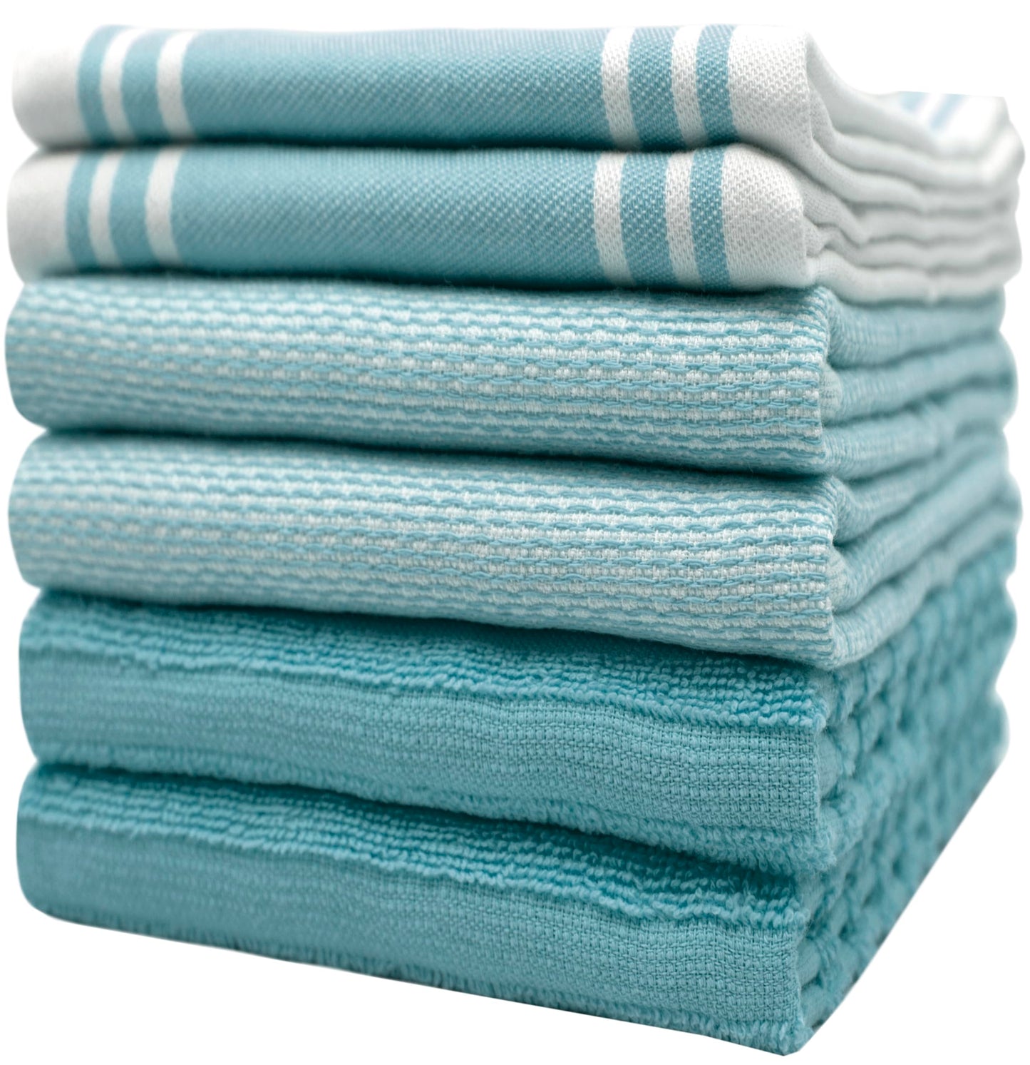 Premium Kitchen Towels (20”x 28”, 6 Pack) | Large Cotton Dish Towels | Flat & Terry Highly Absorbent Kitchen Linen Set with Hanging Loop | Wide Stripe Aqua