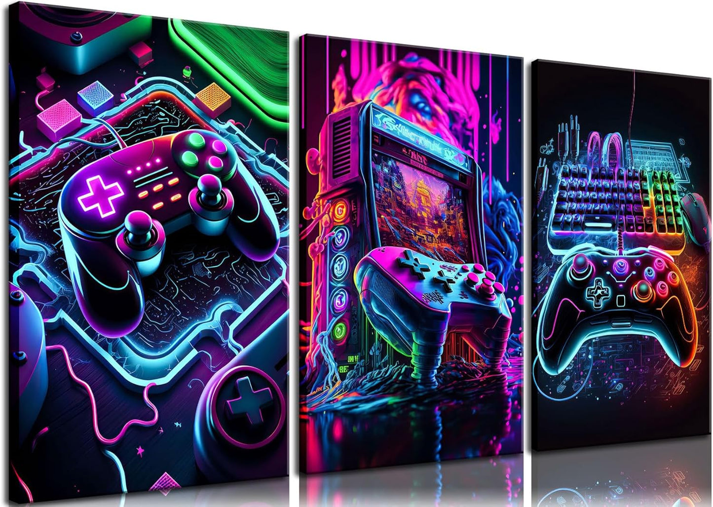 BGFCE Neon Gaming Accessories Canvas Wall Art Set of 3 | Framed Posters for Game Room Decor 16x24in