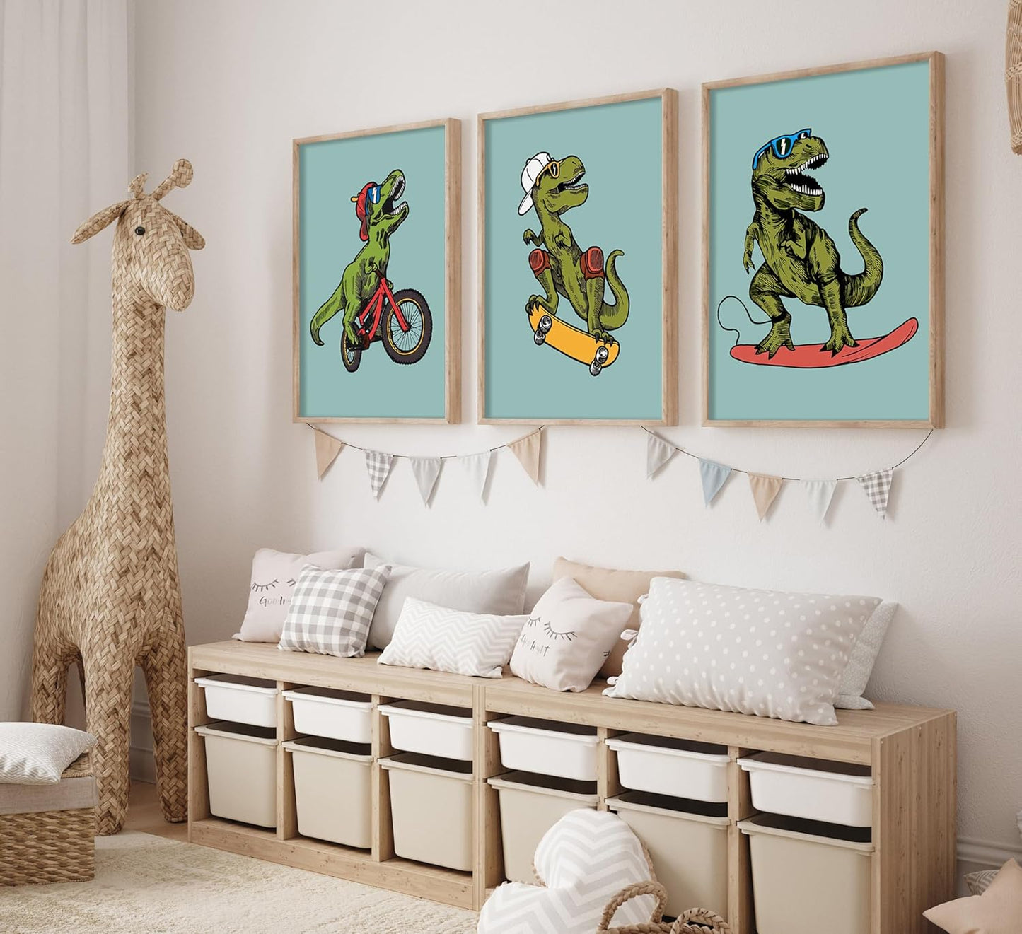 Skiennix Funny Dinosaur Nursery Canvas Wall Art - Surfing & Skateboarding Design | Perfect for Boys' Room Decor