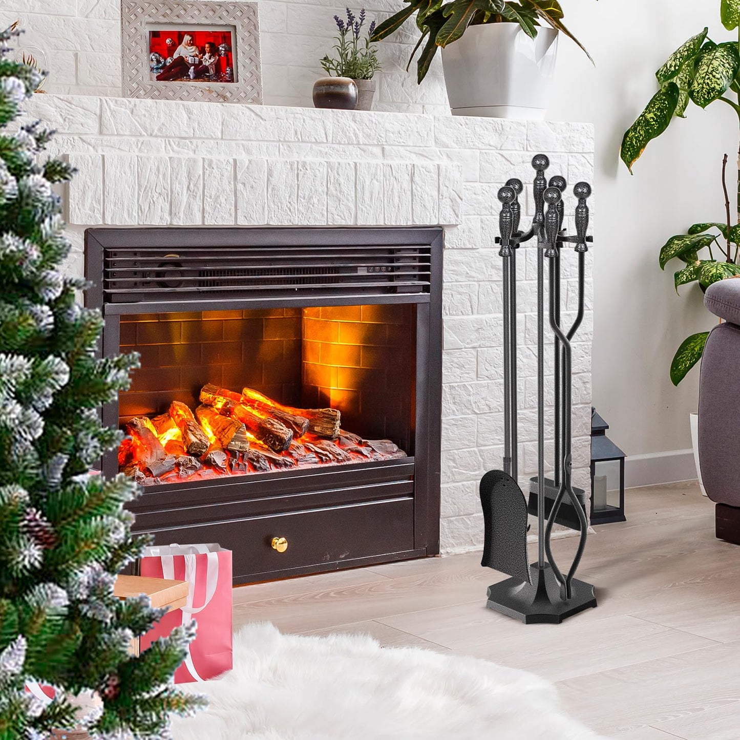 LOENIY 5 Pieces 31In Fireplace Tools Set, Wrought Iron Fireplace Tools with Ergonomic Handle, Fireplace Accessories Set Included Tong, Shovel, Base, Poker and Brush for Indoor & Outdoor (Grey)