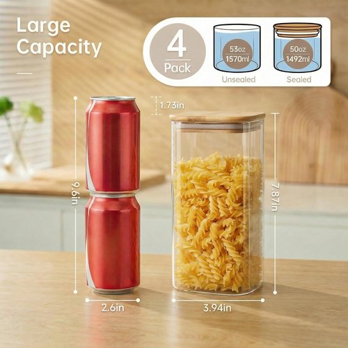 HomArtist Glass Food Storage Jars - Airtight Bamboo Lids | 53 FL OZ Set of 4 for Kitchen & Pantry