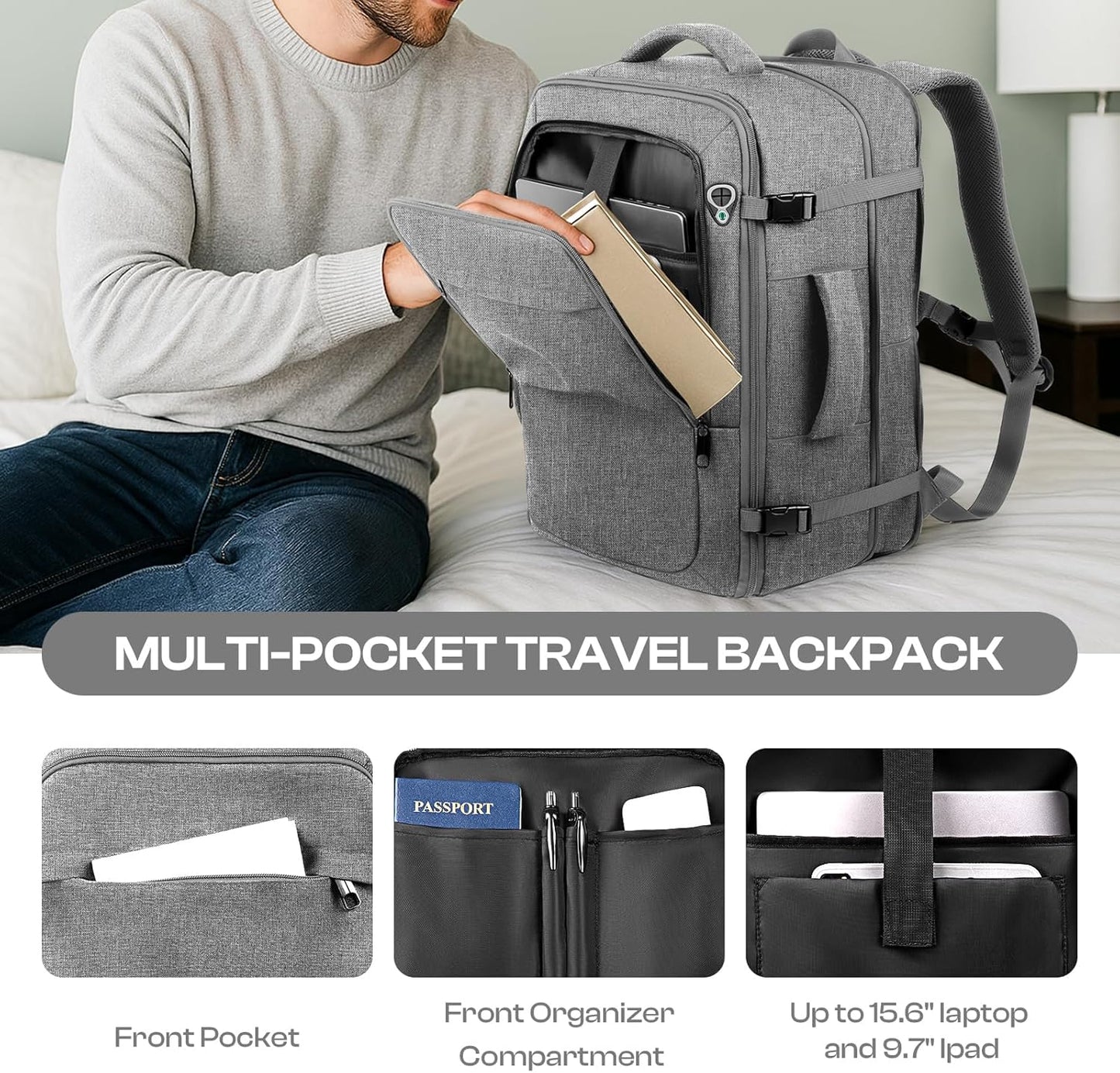 Skiennix Travel Laptop Backpack - Extra Large 40L-50L, Water Resistant, TSA Approved for 17.3" Laptops - Grey